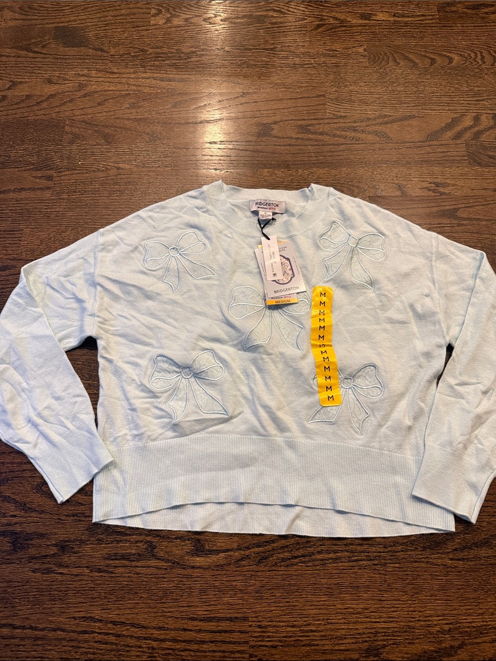 Bridgerton light blue crew  Pale Blue Bow-Appliqué Crewneck Sweater